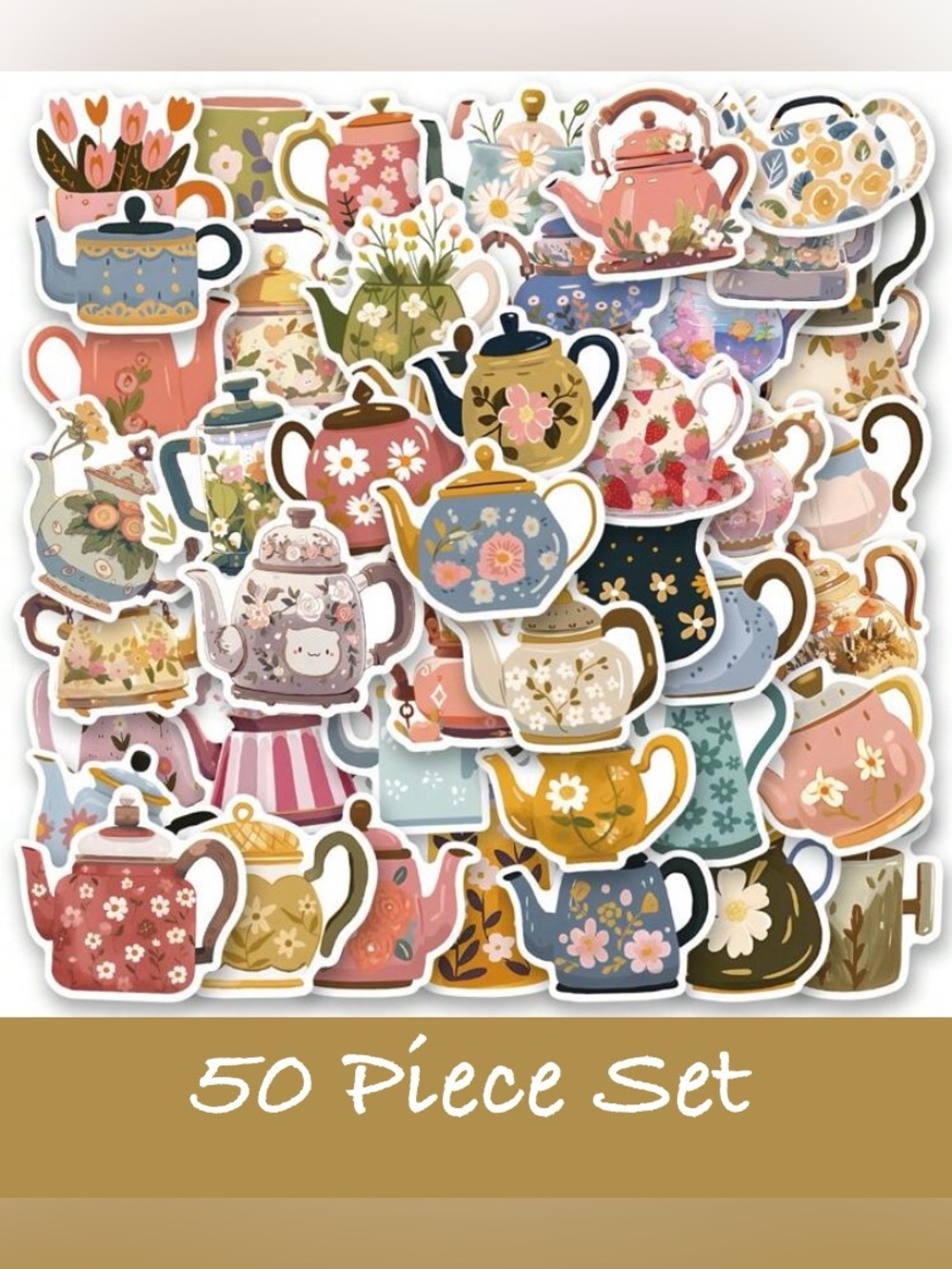 50 Piece Tea Lover Vinyl Sticker Set - Assorted Floral Teapot Designs - Picture 2 of 3